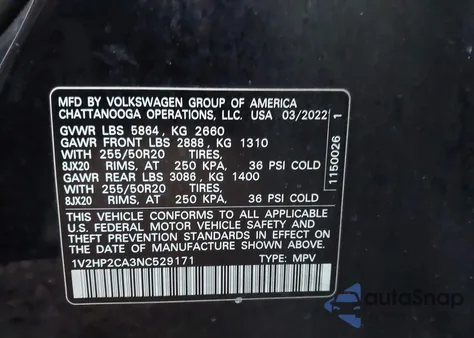 2022 Volkswagen Atlas 2.0T Se W/Technology z USA, uszkodzony, nr VIN 1V2HP2CA3NC529171